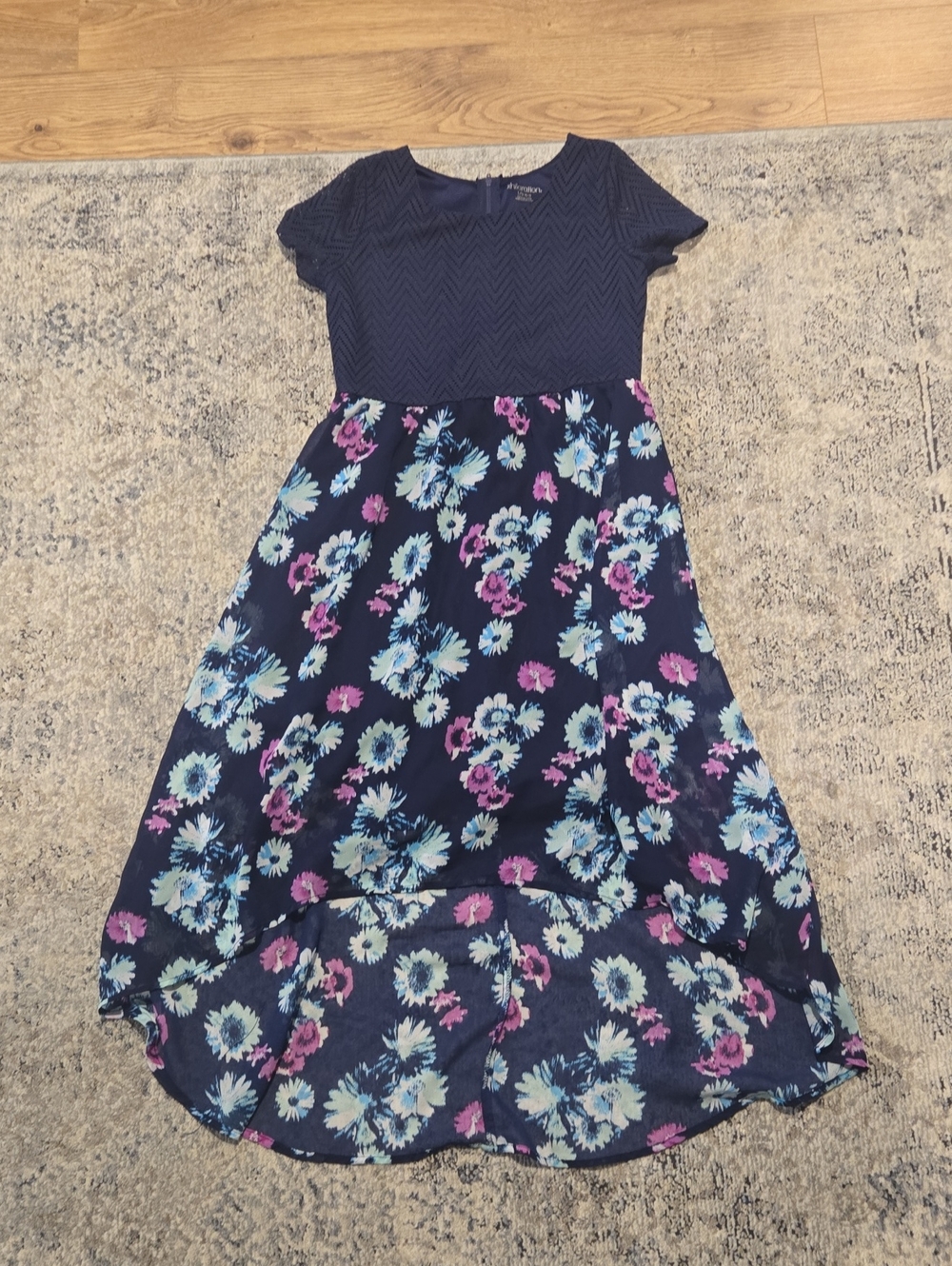 Xhilaration Navy Floral High-Low Dress with Pink & Teal Blooms